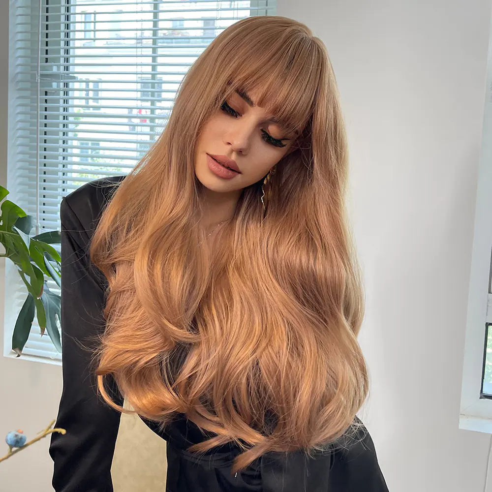 Long Brown Wavy Synthetic Wig with Bangs for Women