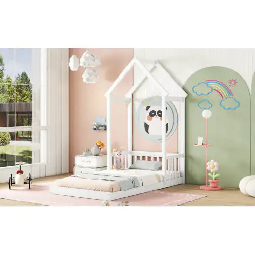 Twin House-shaped Roof Headboard Floor Bed,,without Slats,White