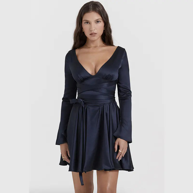 Fashionable V-Neck Backless Dress with Waist Tie - 888