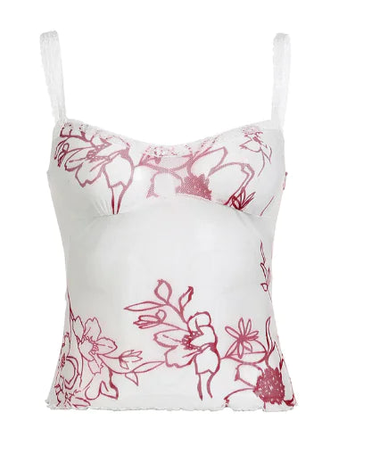 Women's Mesh Plant Print Low-cut Halter Tank Top - Lingerie