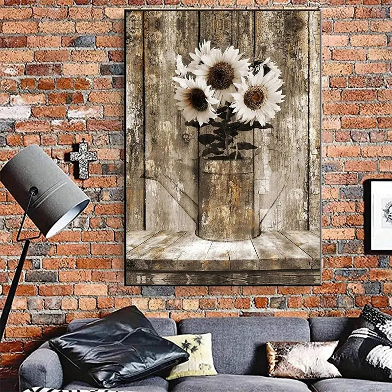Rustic Floral Sunflower Canvas Wall Art for Home Decor
