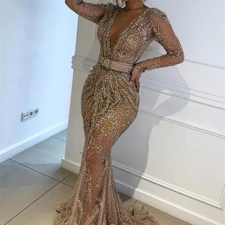 Sequined Long Sleeve Banquet Dress - 888