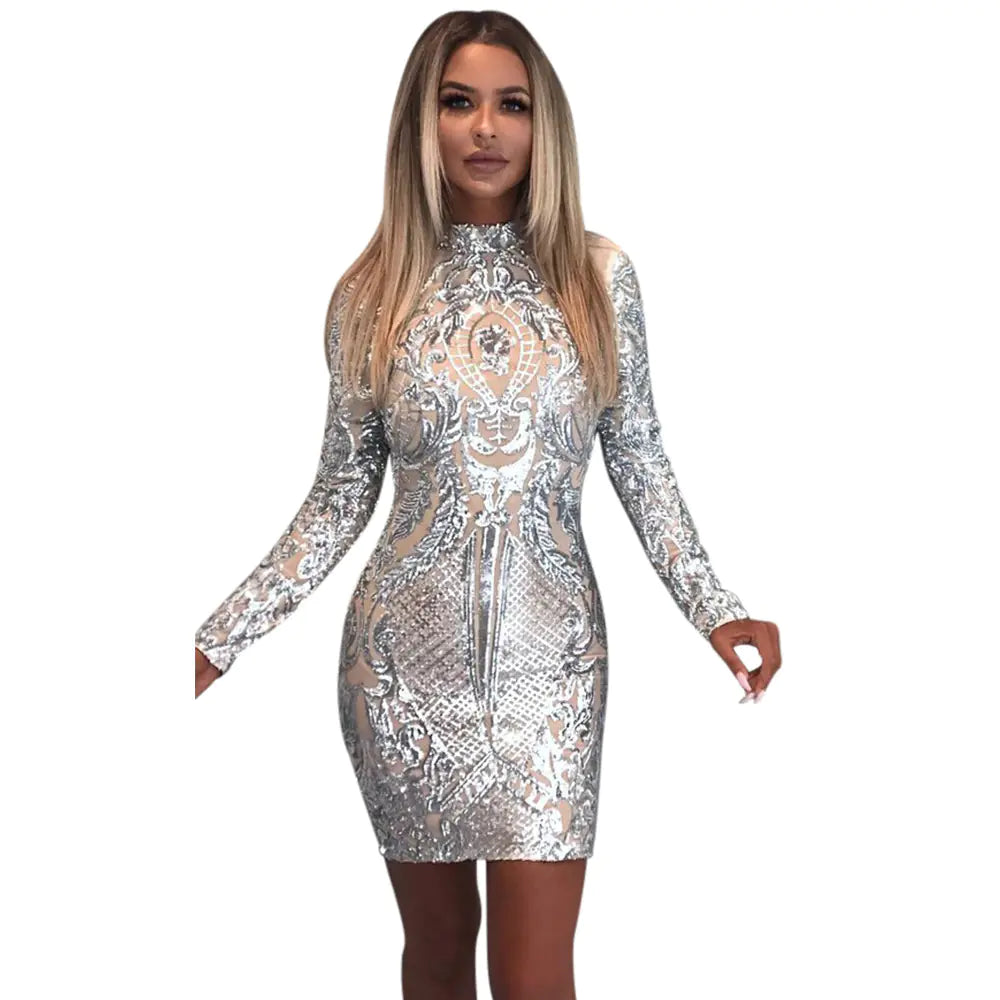 Sequined Long Sleeve Dress for Nightclubs and Parties - 888