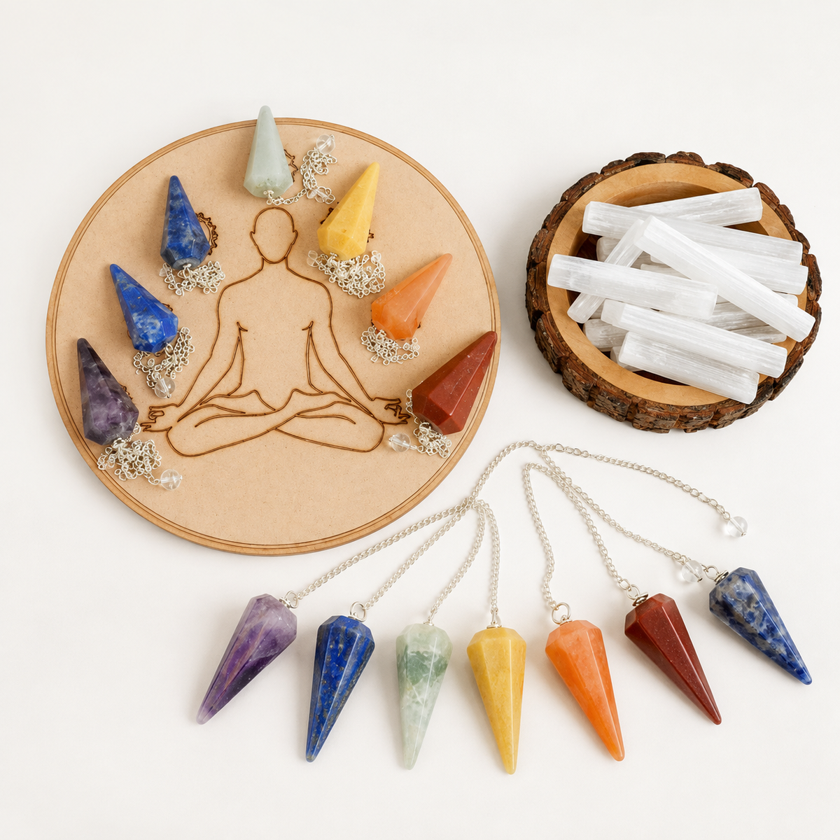 Seven Chakra Crystal Pendulum with Wooden Grid Plate, Selenite Log