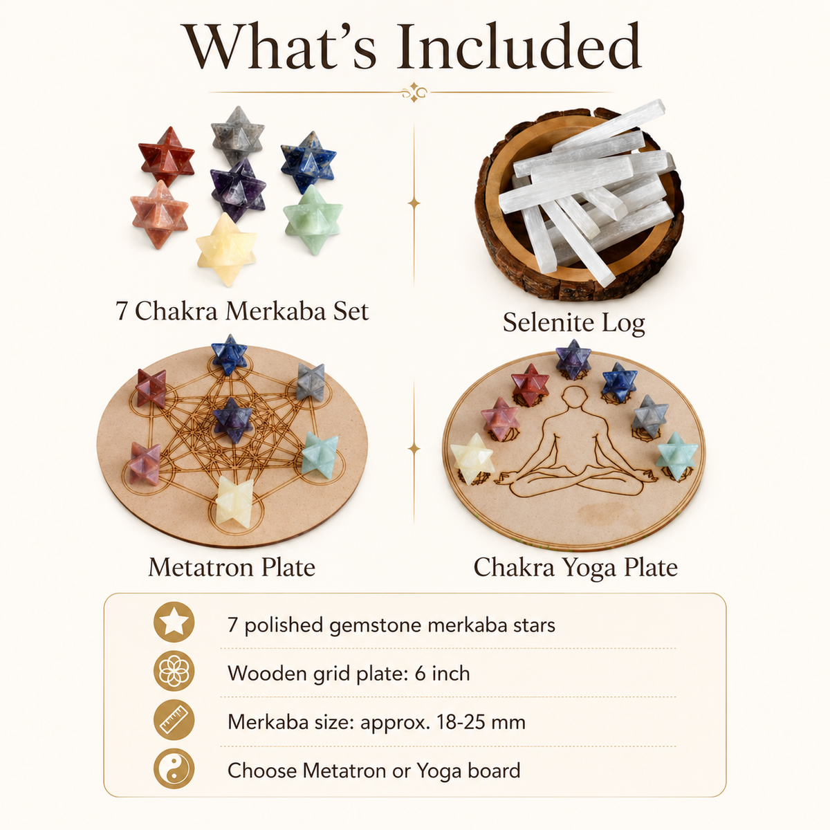 7 Chakra Merkaba Set, Chakra Crystals Set with Wooden Grid Plate, Selenite Log