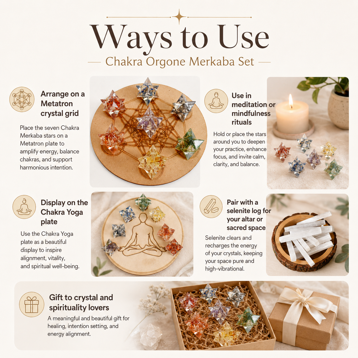 7 Chakra Orgone Merkaba Set, Chakra Crystals Set with Wooden Grid Plate, Selenite Log