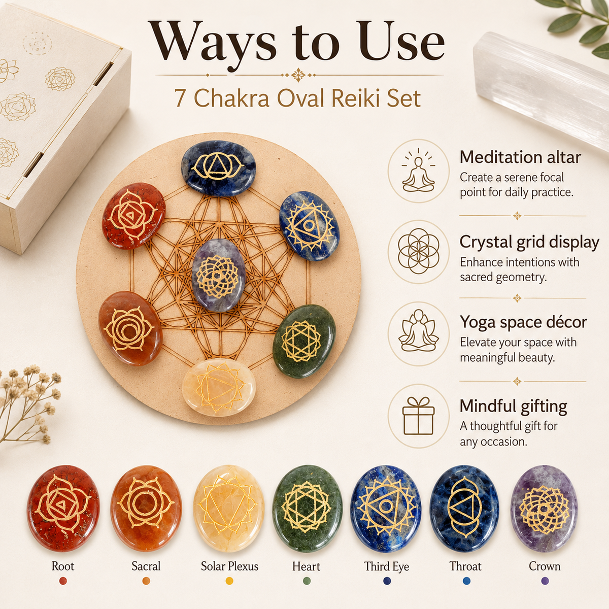 Chakra Crystals Set, Oval Reiki 7 Chakra Stones Set, Wooden Grid Plate, Selenite Log
