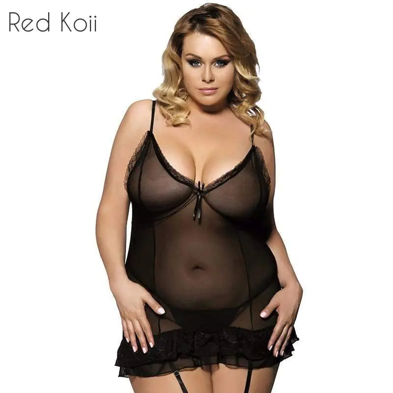 Plus Size Lingerie with Open Crotch and Stockings - Lingerie