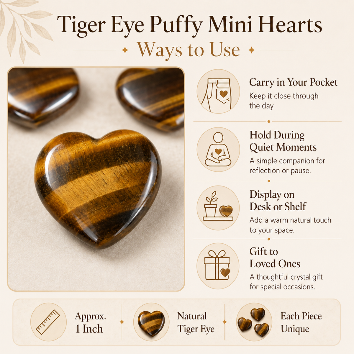 Tiger Eye Heart Crystal, Puffy Mini 1 Inch Pocket Crystal Heart