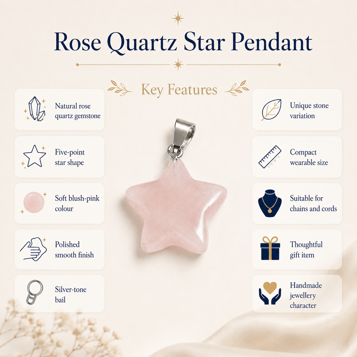Rose Quartz Star Pendant Necklace – Natural Crystal Gemstone Jewelry
