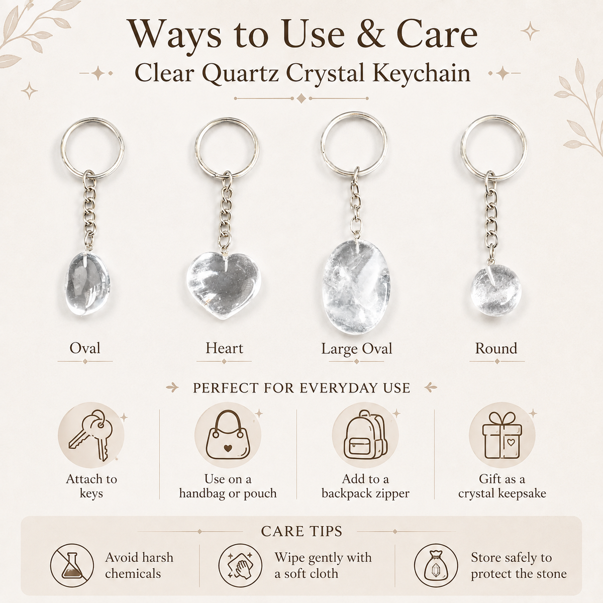 Crystal Quartz Key Chain, Gemstone Keychain Crystal Key Ring (Dreams and Enhancing)