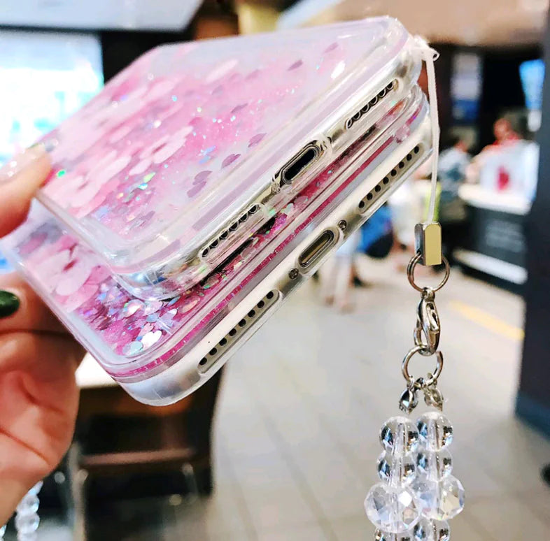 Trendy Summer Pink Peony Phone Case with Glitter Sand