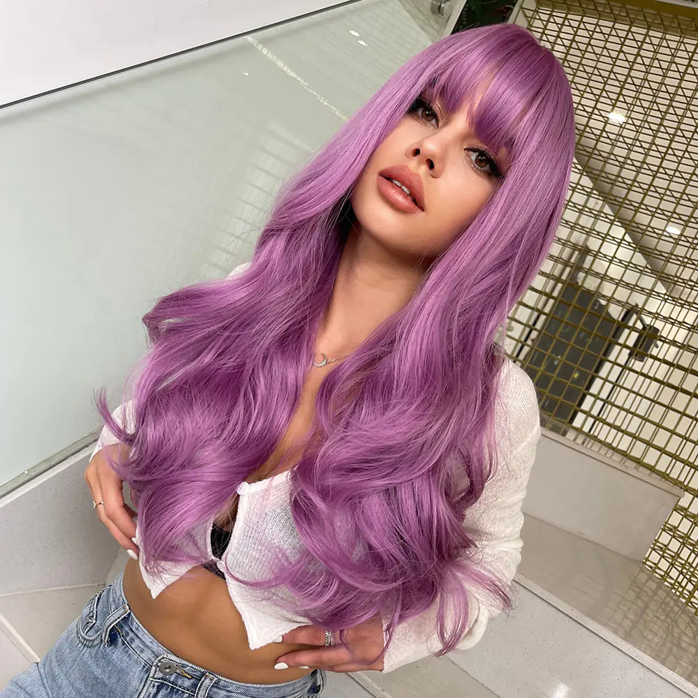 Long Brown Wavy Synthetic Wig with Bangs for Women
