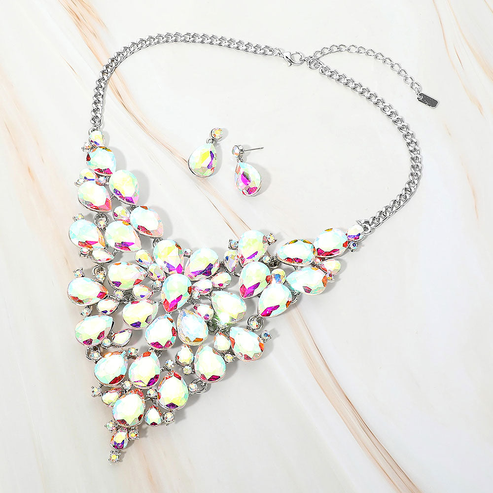 Bold Teardrop Cluster Embellished Evening Necklace