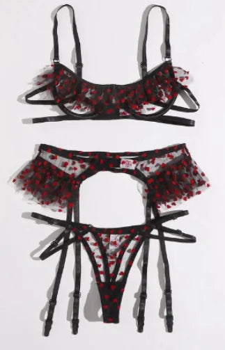 Sexy Lingerie Set with Heart Dot Ruffles (One Set)
