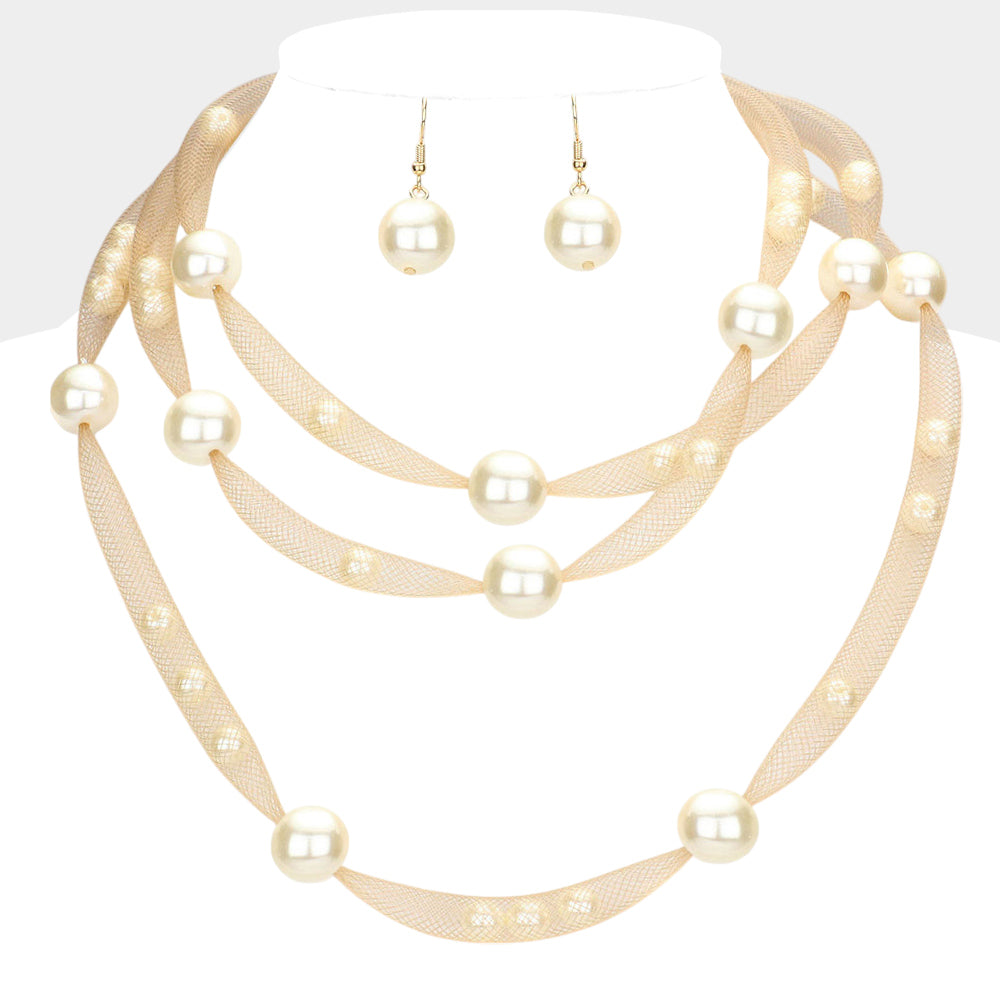 Pearl Accented Triple Layered Mesh Bib Necklace