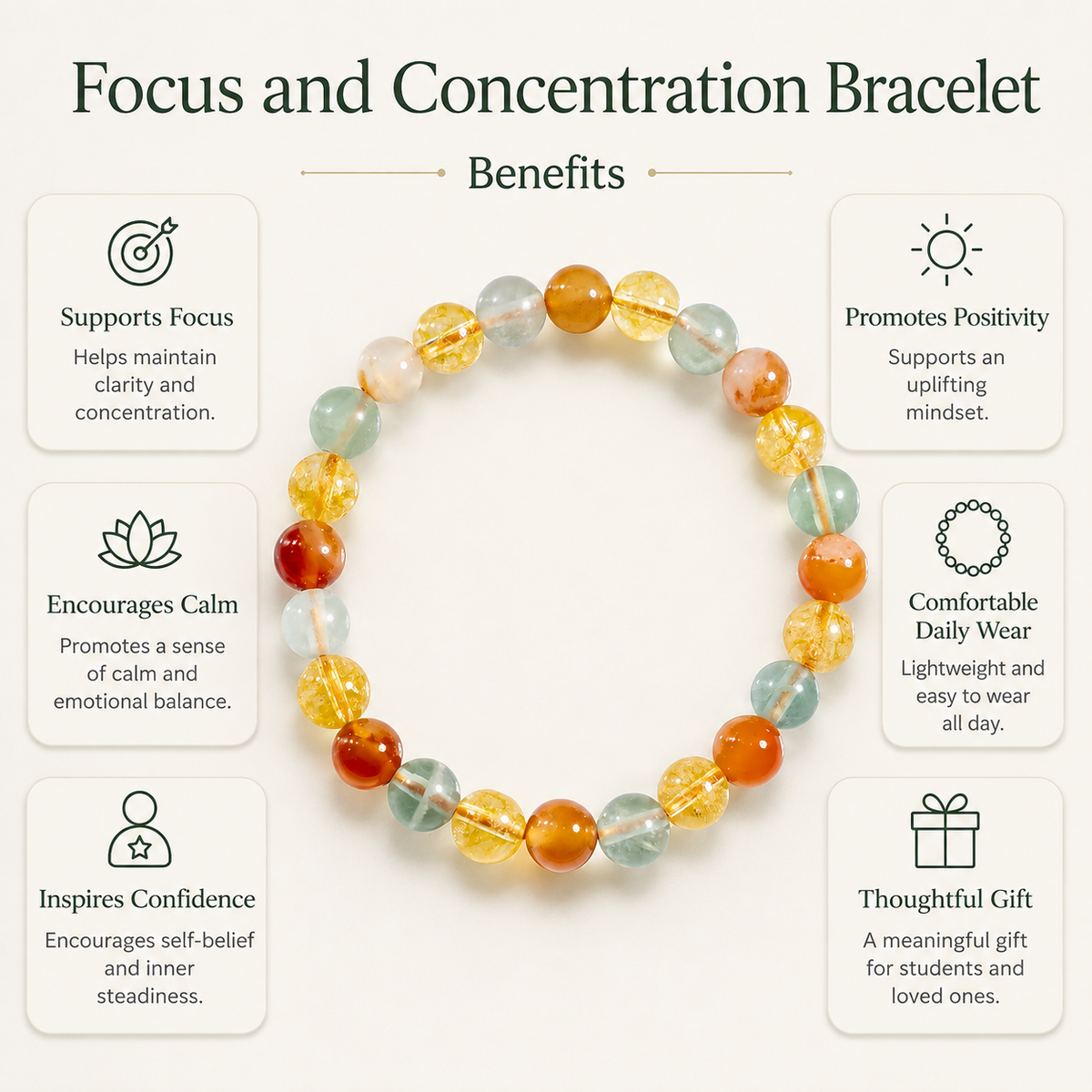 FOCUS AND CONCENTRATION Crystals Bracelet for Student.