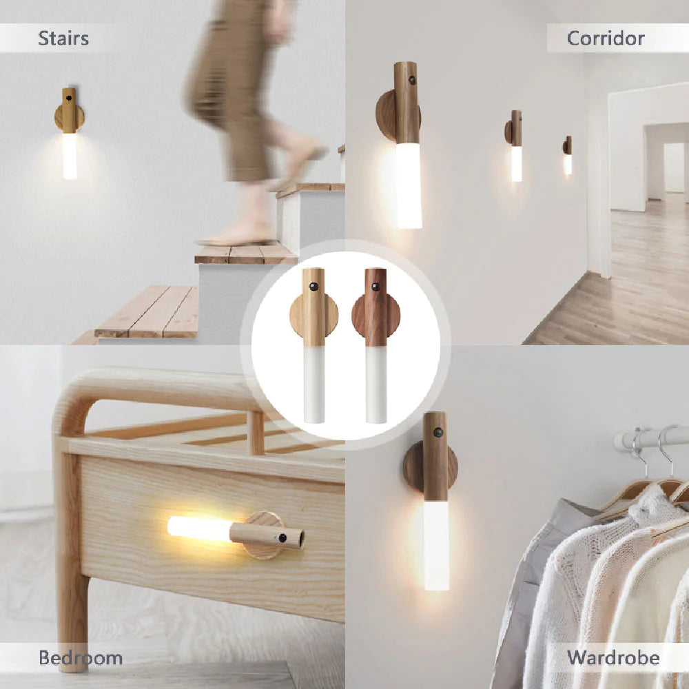 Magnetic Wood PIR Motion Sensor LED Night Light – USB Rechargeable Wireless Cabinet & Corridor Lamp