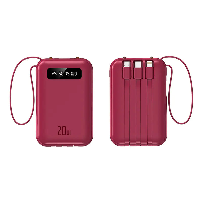 Mini 20000mAh Power Bank with Built-in Cable, Cute Design