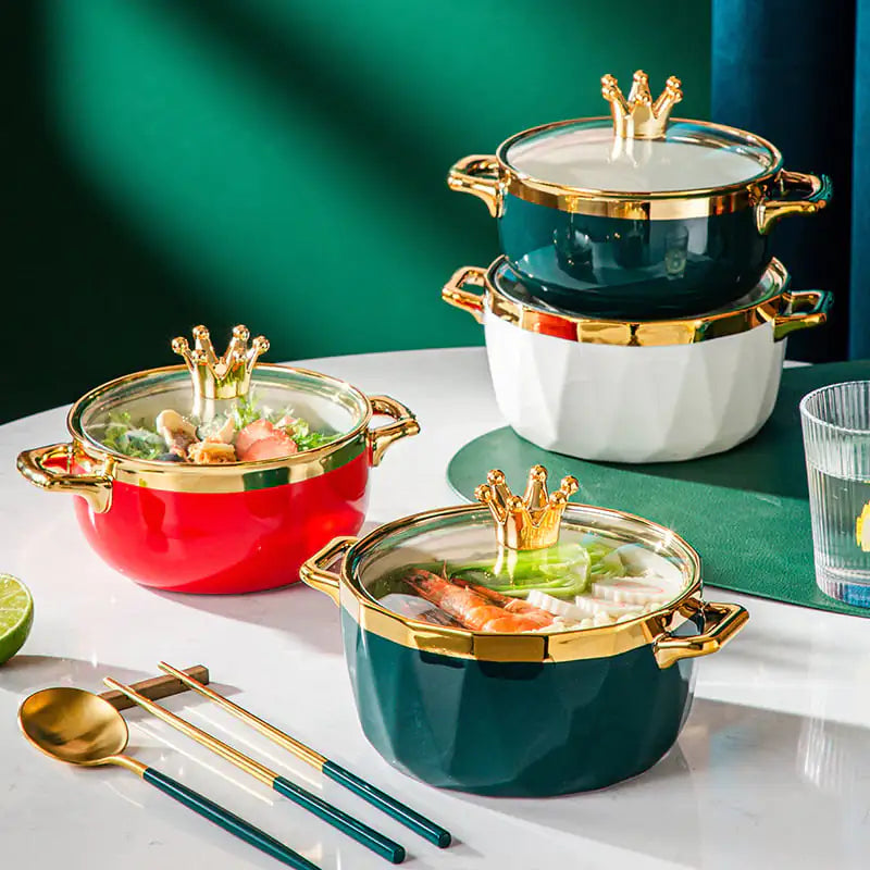 Ceramic Instant Noodle Bowl with Lid for Dorm Use