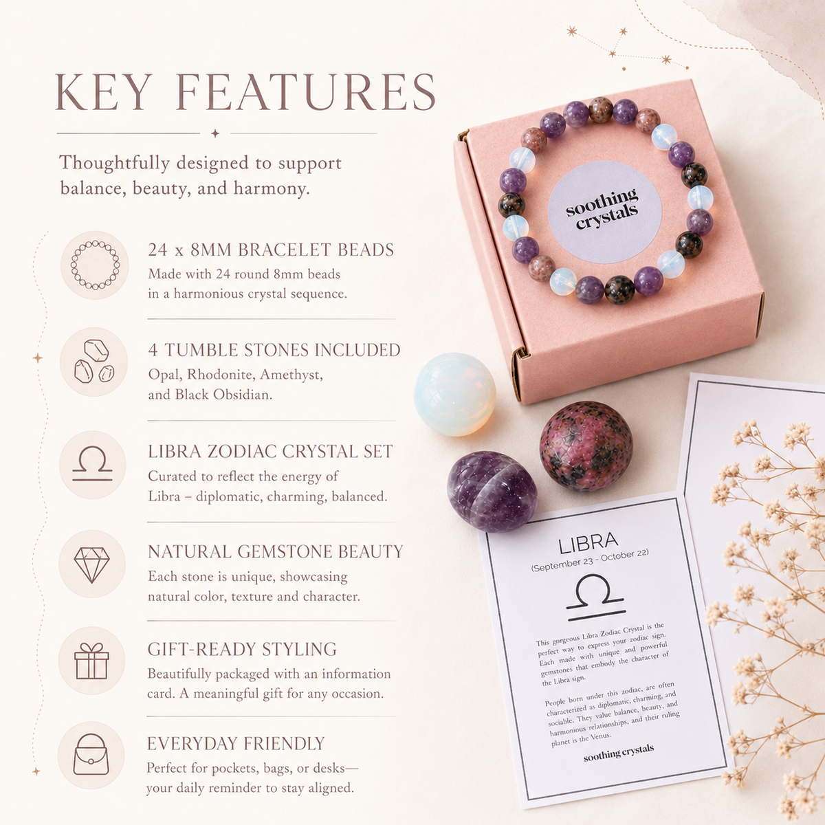 LIBRA Zodiac Crystal Kit, Libra Birthstones Tumbled Stones Set, Libra Gifts