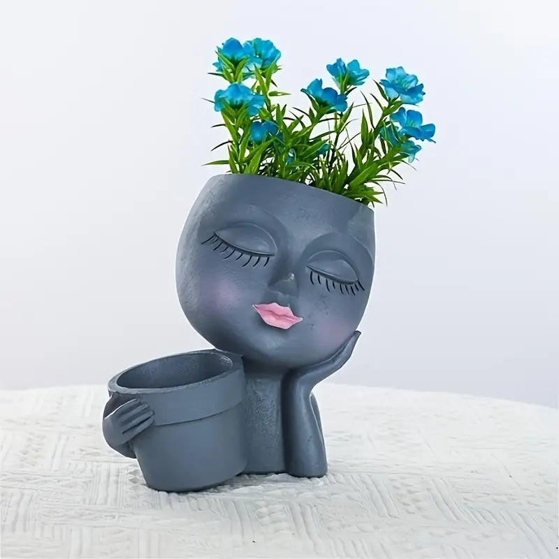 Double Flower Pots with Rustic Girl Figure Planter