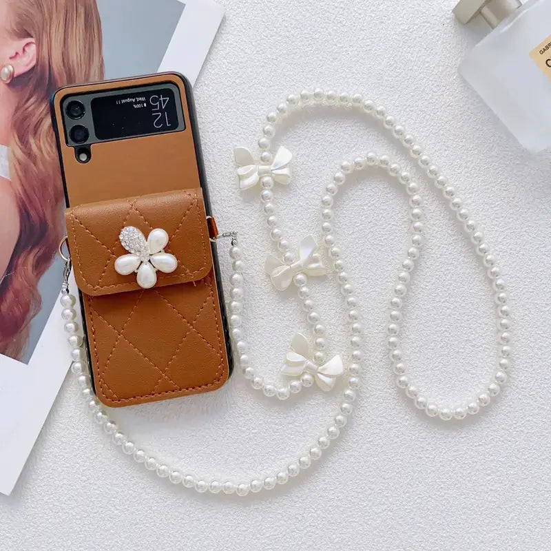Fashionable Phone Holster with Flower Buckle & Beaded Chain