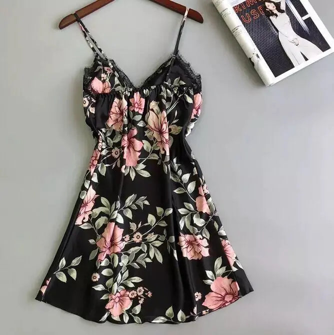 Sexy Women's Floral Ice Silk Sleepwear Nightgown - Lingerie