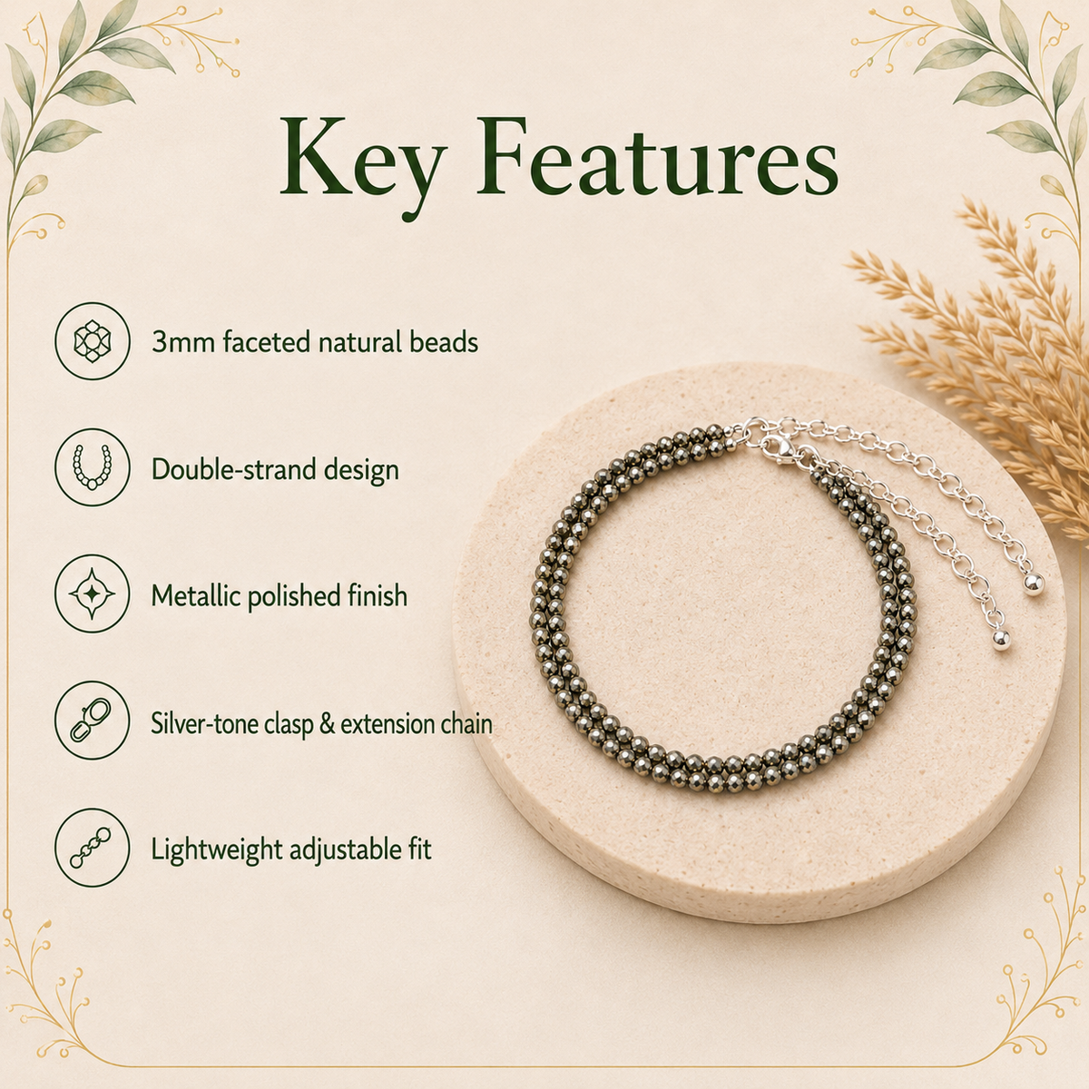 Pyrite Anklet 3mm โ Natural Gemstone Jewelry for Protection, Balance & Positive Energy