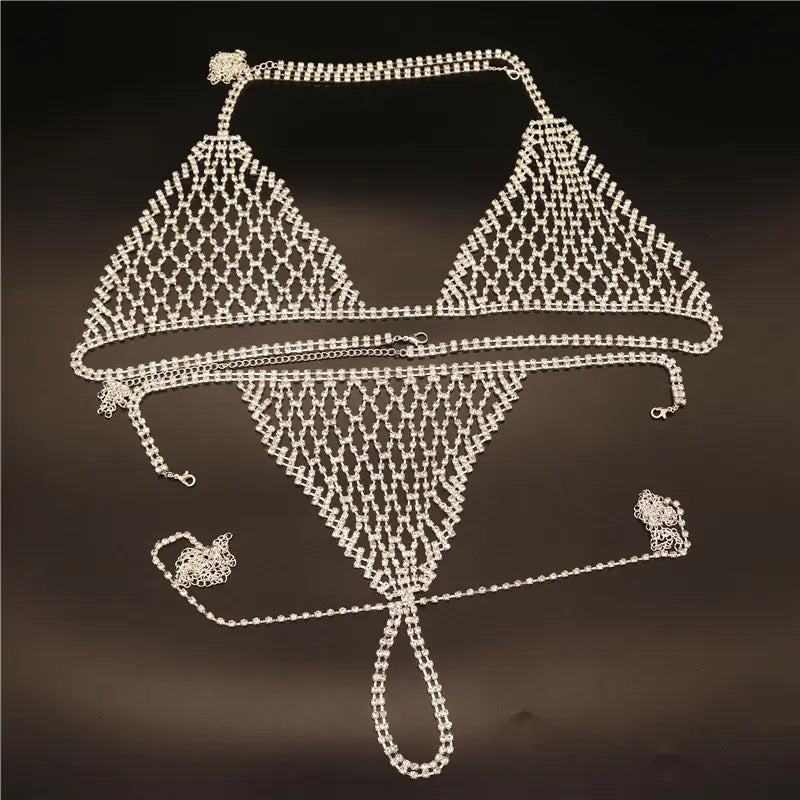 Exaggerated Rhinestone Body Chain Bikini Set - Lingerie