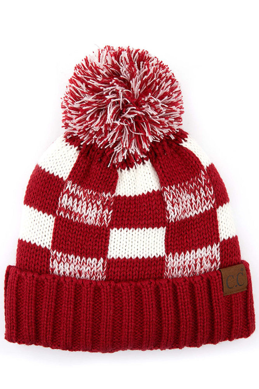 C.C Buffalo Check Beanie with Pom Hat