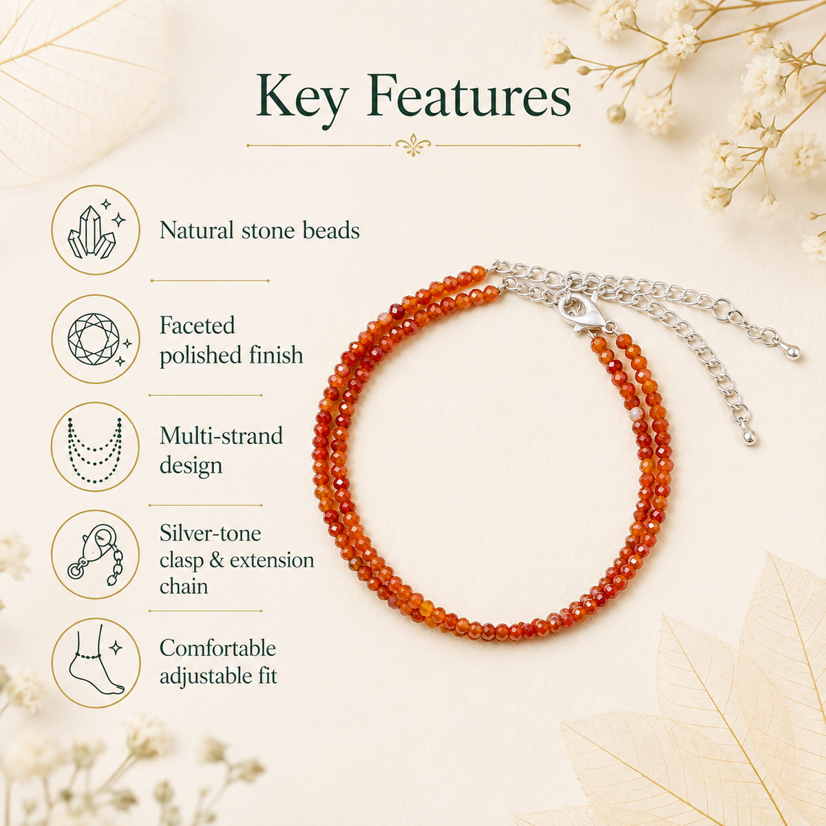 Red Carnelian Crystal anklet for Healing, Protection & Grounding – Natural