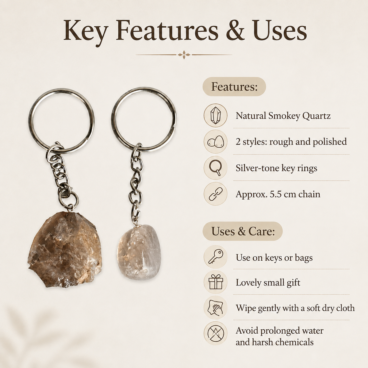 Smokey Quartz Key Chain, Gemstone Keychain Crystal Key Ring (Purification and Grounding)