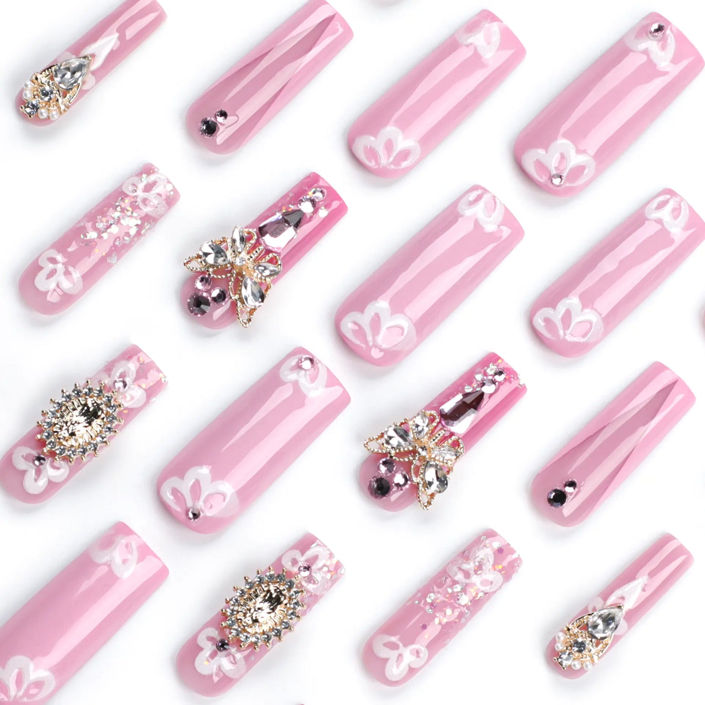 3D Pink French Nail Art with Gold Butterfly Design