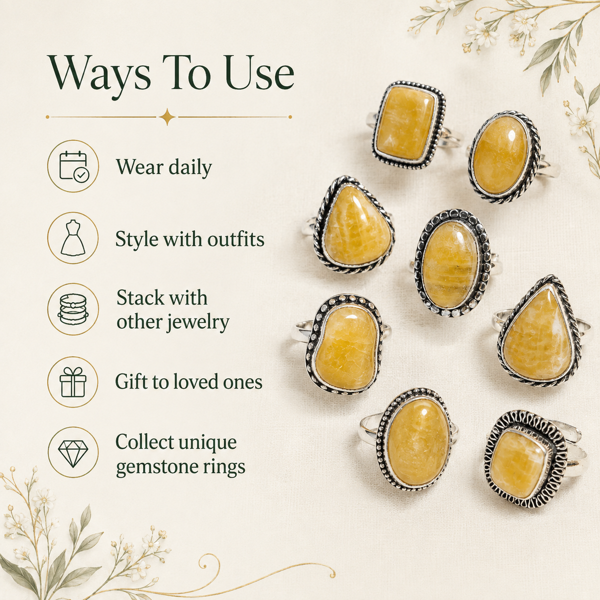 Yellow Aventurine rings – Gemstone rings Natural Crystal Healing Jewelry Collection