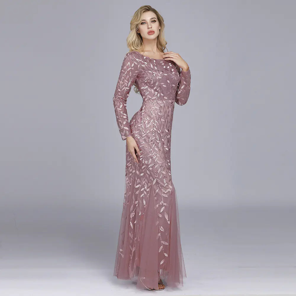 Long Sleeve Round Neck Fishtail Evening Dress - 888
