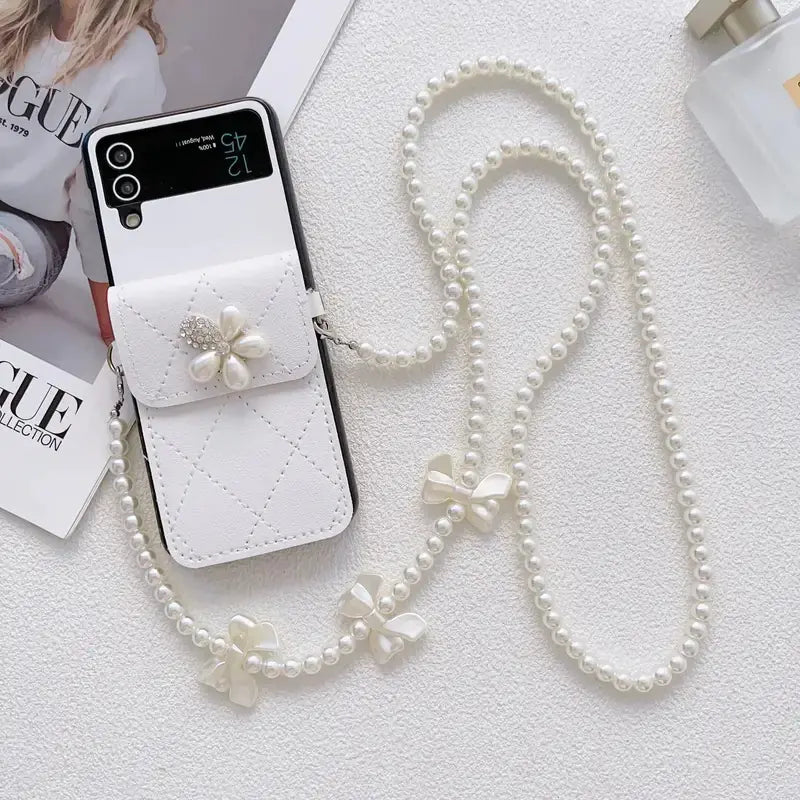 Fashionable Phone Holster with Flower Buckle & Beaded Chain