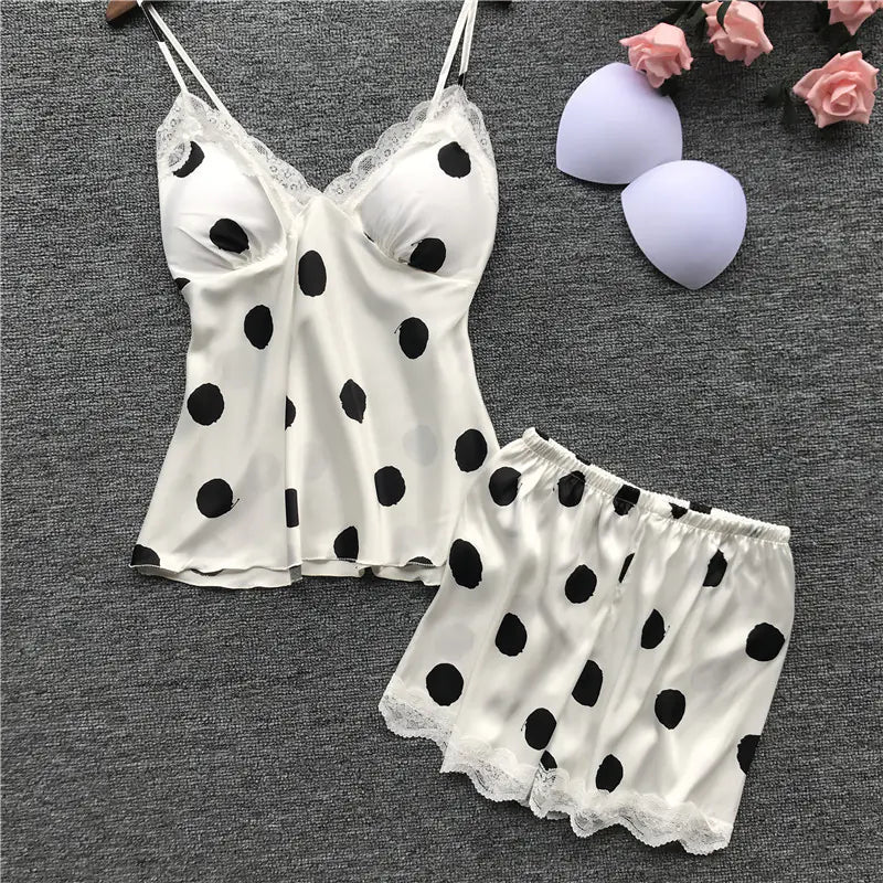 Lace Trim Polka Dot Cami Short Set, Lingerie Outfit