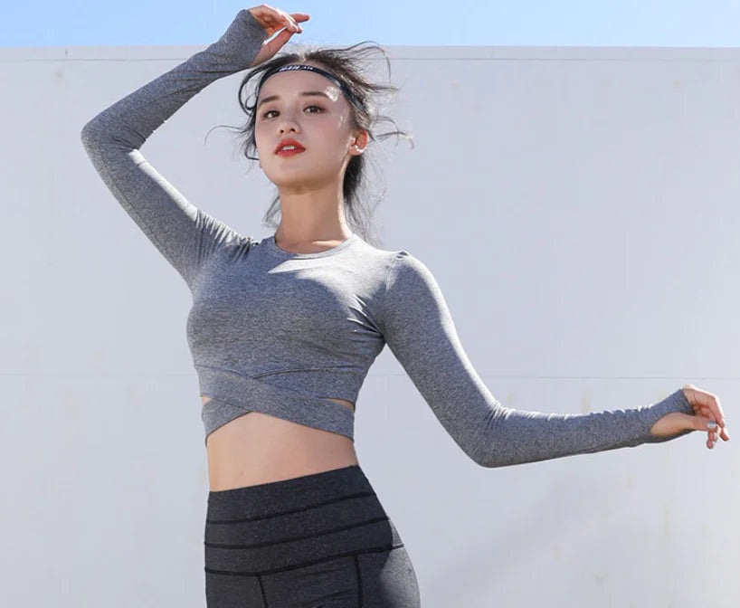 Women's Long Sleeve Cross Yoga Top - Quick-Dry Fitness Shirt - Lingerie