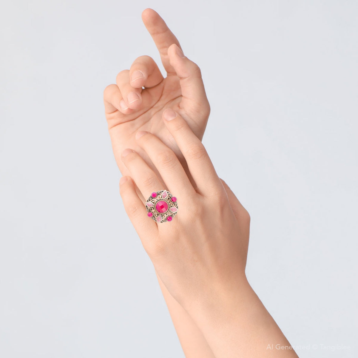 Embellished Pink Quartz Golden Statement Ring