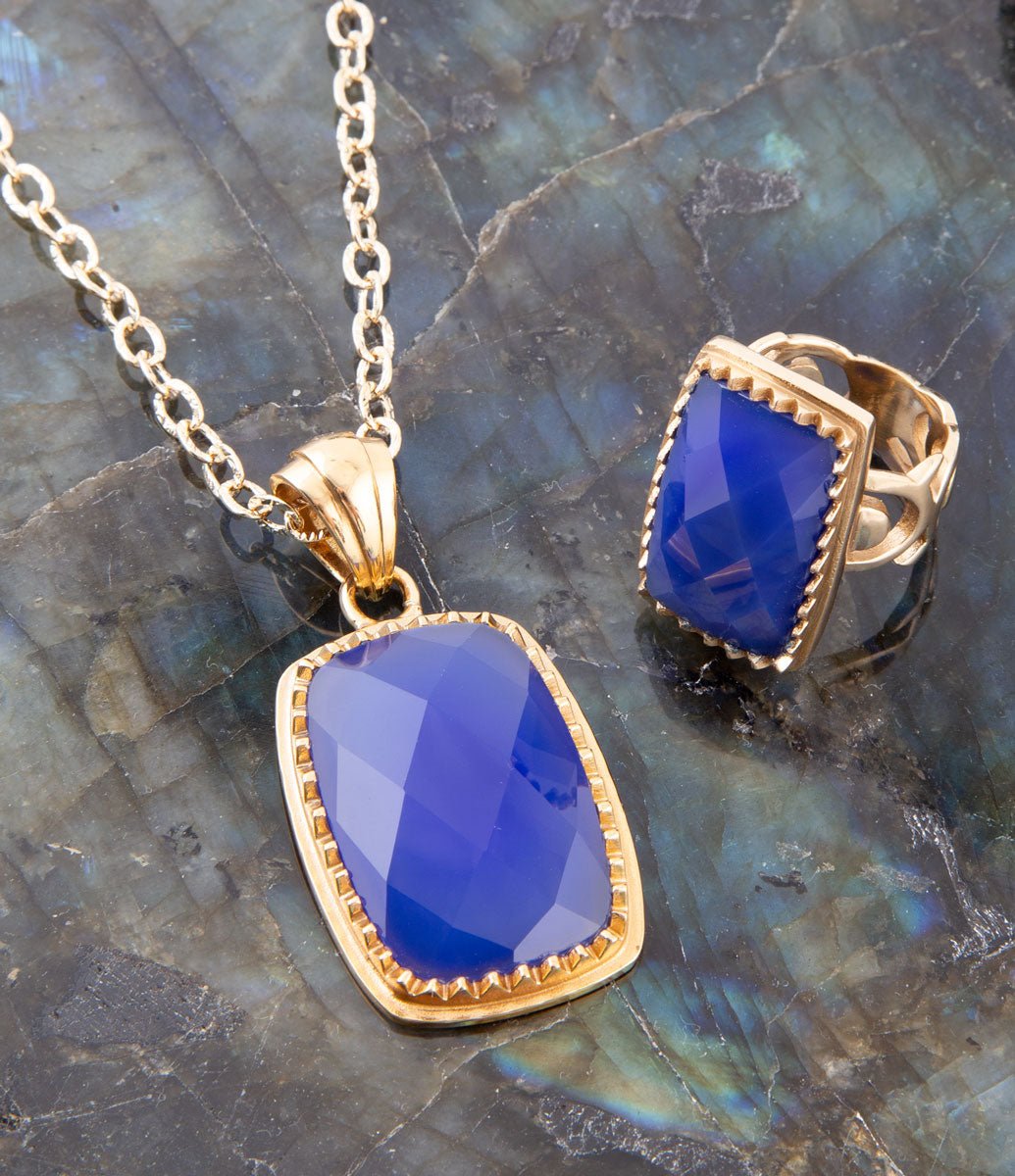 Filigreed Blue Agate Golden Statement Ring