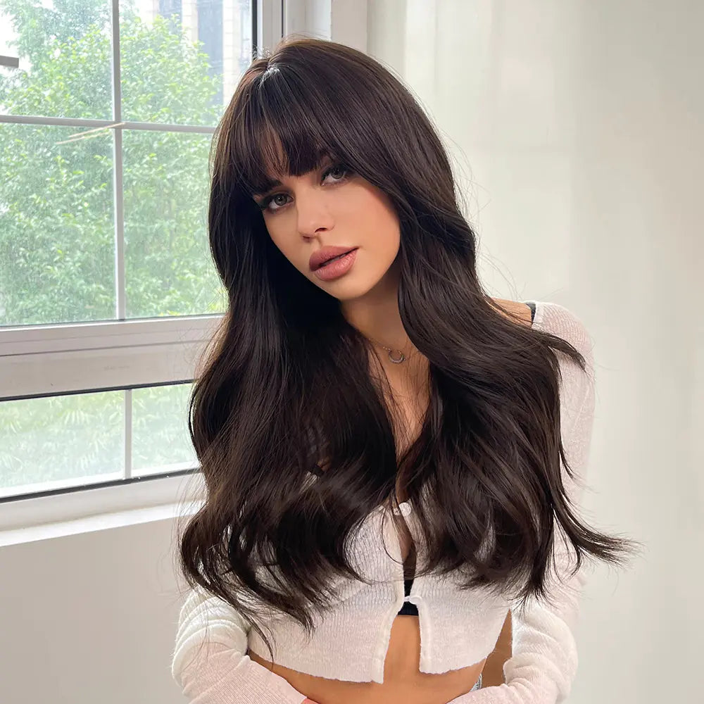 Long Brown Wavy Synthetic Wig with Bangs for Women