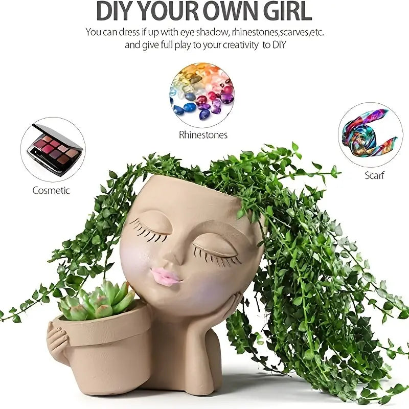 Double Flower Pots with Rustic Girl Figure Planter