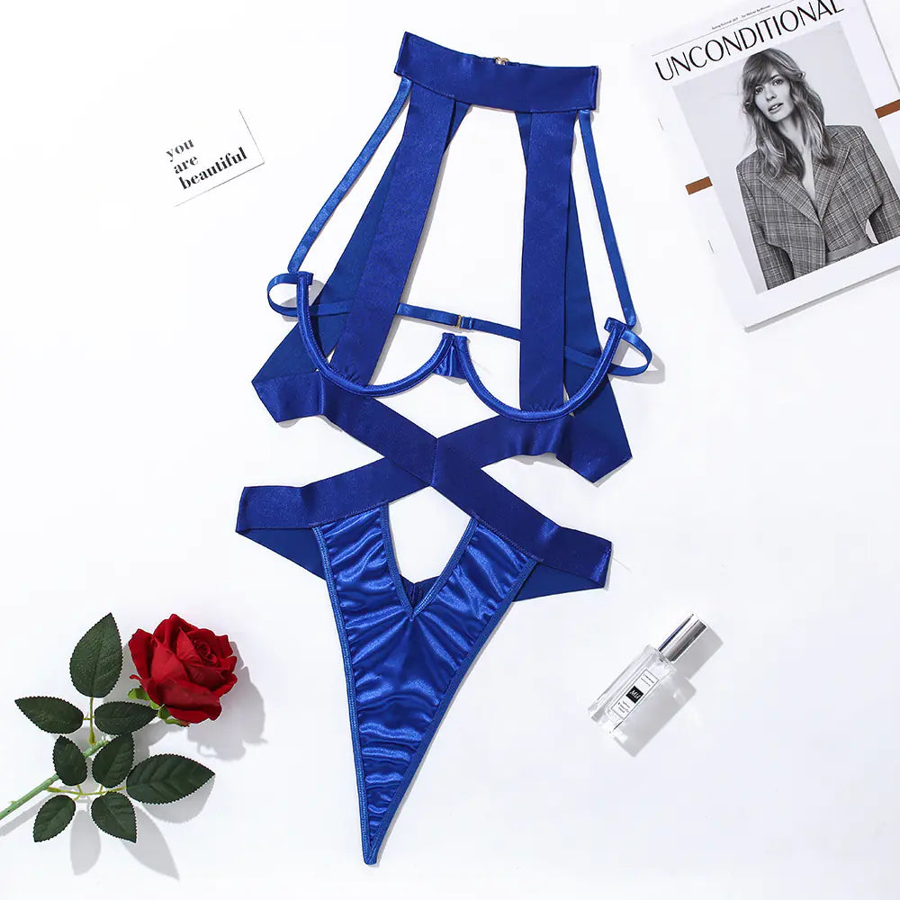 Cut-Out Backless Jumpsuit with Neck Tie - Women's Lingerie Set