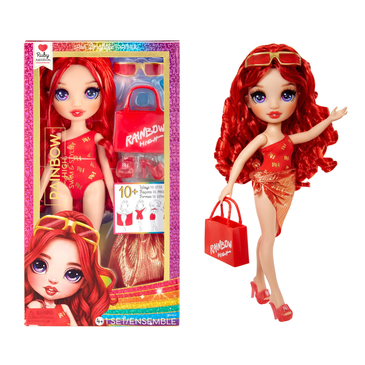 Rainbow High Swim & Style Ruby Red 11" Fashion Doll with Shimmery Wrap to Style 10+ Ways Removable Swimsuit Sandals Fun Play Accessories. Kids Toy Gift Ages 4-12 Years - US seller