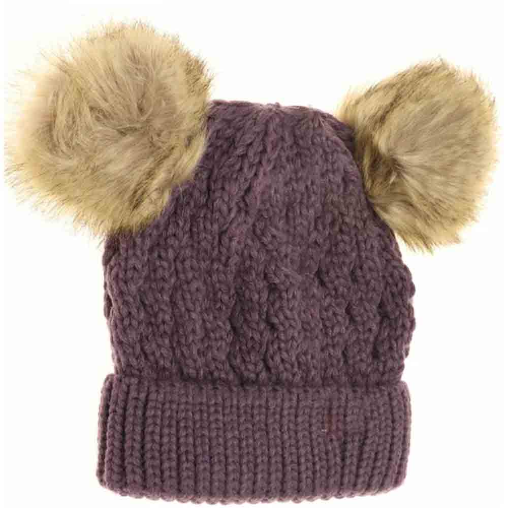 KIDS Cable Knit Double Matching Pom C.C Beanie