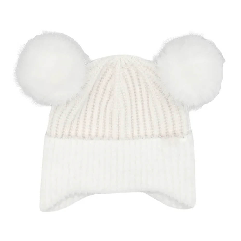Kids Faux Fur Earflap Double Pom C.C Beanie