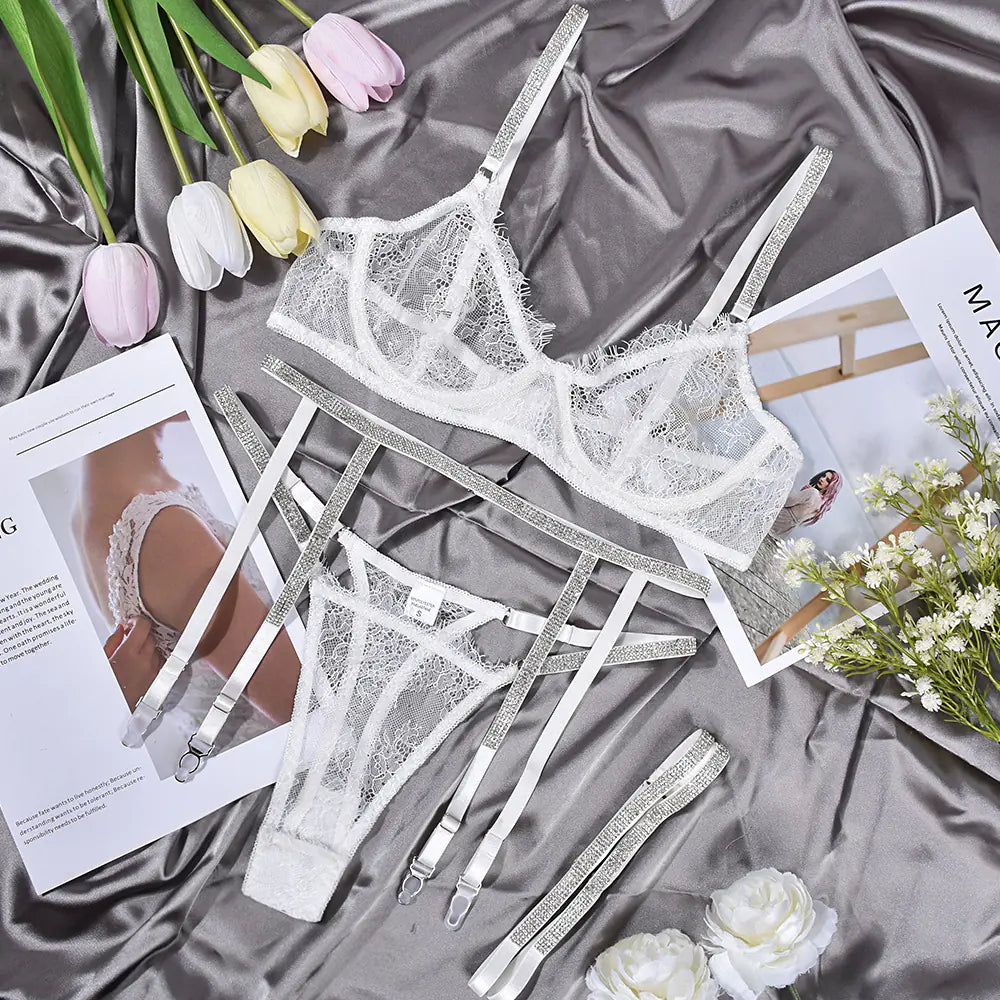 Lace Eyelash Trim Sexy Lingerie Set with Underwire - Lingerie