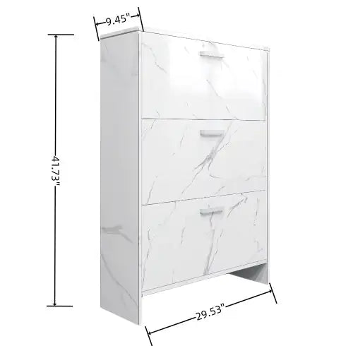 White Marble Color High Glossy 3 Doors Shoe Cabinet With Retro Handles