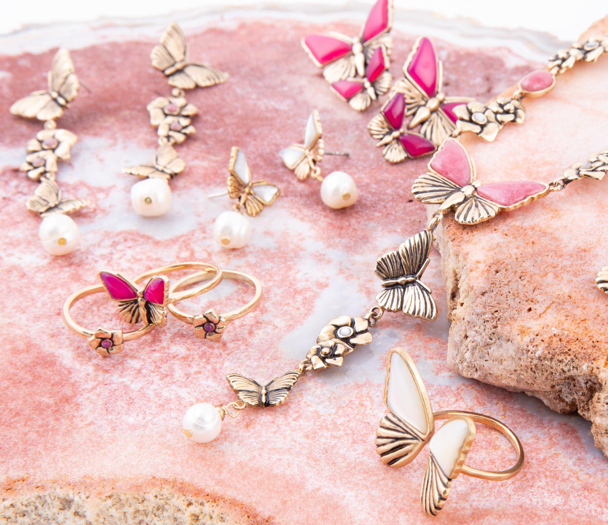 Pink Rhodonite and White Pearl Golden Butterflies Y Necklace